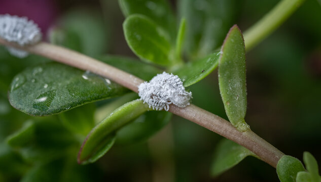 Mealybugs living on a branch of plant. Mealybugs are sap sucking insects that feed on a wide range of plants.