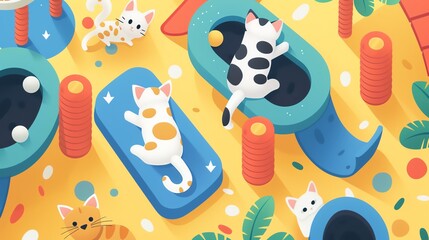 Playful kittens in a colorful play area at an animal shelter joyful play theme