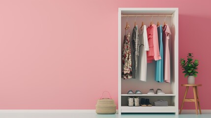 Women's wardrobe with pink background