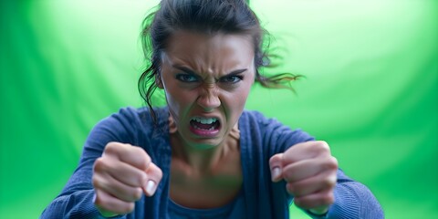 A woman with clenched fists expressing anger in front of a green screen. Concept Angry Expression, Green Screen Photography, Female Model, Emotions, Clenched Fists