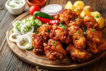 Fototapeta premium Delectable crunchy chicken, expertly cooked, still warm and incredibly appetizing, accompanied by potato fries, sliced onions, sliced chilies, sliced peppers, and sliced tomatoes, presented on wood.
