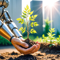 Robot hand holding plant, synthetic life, genetic engineering concept.nvironmental technology concept. Robot hand holding small plants with Environment icon