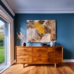 living room interior.a focus on modern design elements, featuring a sleek wooden sideboard positioned against a wall adorned with stylish wall decor. The clean lines and minimalist aesthetic of the fu