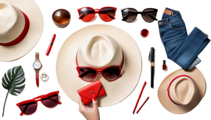 sunglasses stylish hat red woman fashion style trendy accessory summer sunny cool confident young lady headwear chic fashionable eyewear headgear