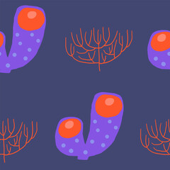 Cute ocean underwater seamless pattern. Funny hand drawn doodle repeatable pattern with seaweed, sea plant, coral, sponge, reef. Ocean reef life theme background