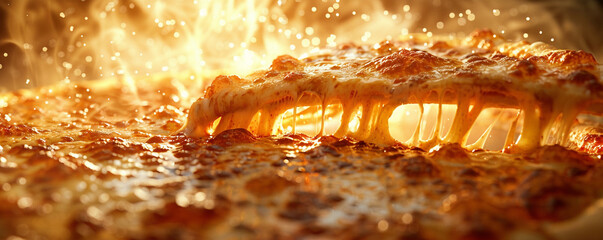 A pizza overflowing with melted cheese, creating a cheesy pull, positioned on the right side of the...