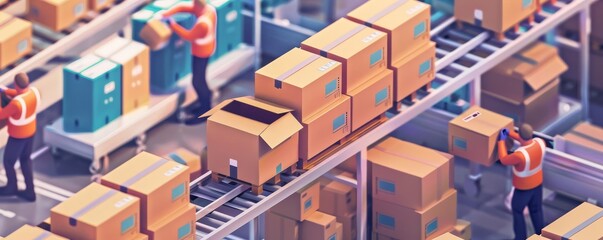 An assembly line with workers efficiently packing items for distribution, optimizing space usage in shipping boxes
