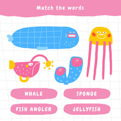 Learn ocean life game for kids. Cute hand drawn doodle funny underwater, sea puzzle with whale, fish angler, coral, jellyfish. Educational worksheet, mind task, riddle, strategy quiz, mental teaser, c