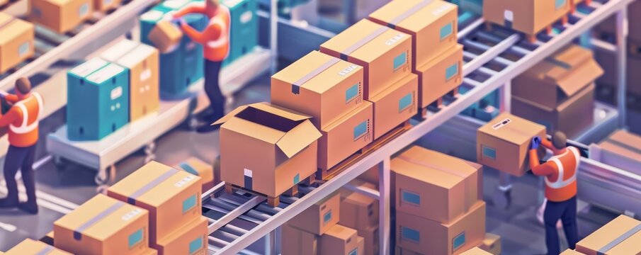 An assembly line with workers efficiently packing items for distribution, optimizing space usage in shipping boxes