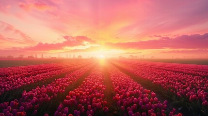 A Sunrise Panorama of Blooming Tulips in Holland