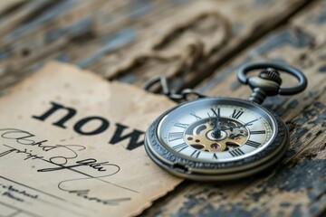 Antique clock and old paper with message placed on wooden background Indicates starting to be done immediately.
