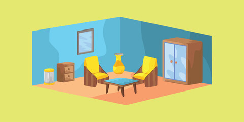 Blue Yellow Room Interior Design Simple Perspective 3D