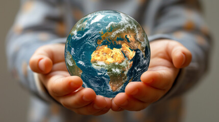  A child hands holding an Earth globe, depicting the future of our world on the hands of our young generation