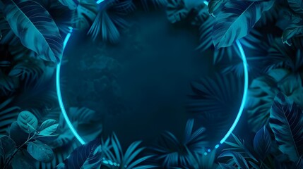 Tropical glowing neon frame. Dark night jungle palm leaves. Summer background design