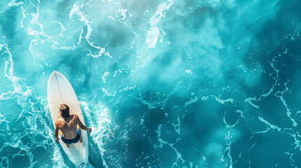 banner for surf school, surfer on board in blue ocean with copy space