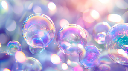 iridescent transparent soap bubbles on a dark purple background	