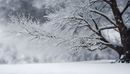 Snow falling on tree blurred background. Generative AI	