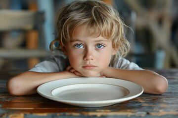 Cute kid handling an empty plate, a mature person with nutritional deficiencies. - obrazy, fototapety, plakaty