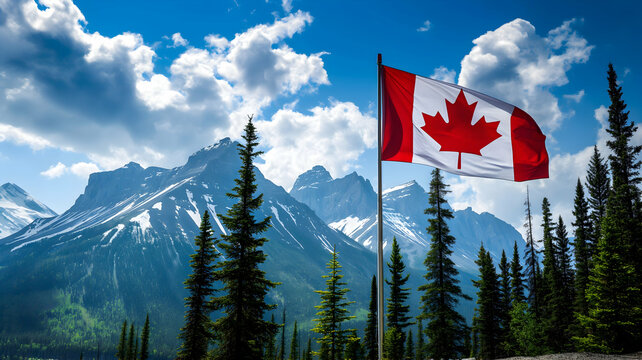 Canada day banner, canada flag on mountain landscape background with place for text	