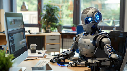 robot sits at a desk in the office and works at the computer