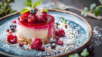 Cheesecake with fresh raspberries and blueberries, Generative AI illustrations.