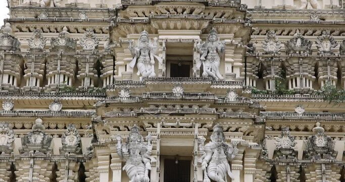 Exterior view architecture of historic Hindu temple in Mysore city, India.