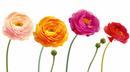 colorful ranunculus flower arrangement featuring pink, yellow, and orange blooms with green stems on a isolated background