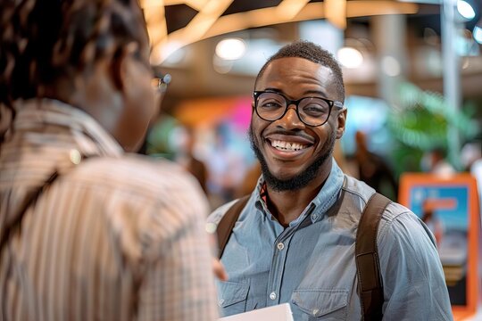An HR professional hosting a job fair booth, handing out pamphlets and promotional items to eager job seekers