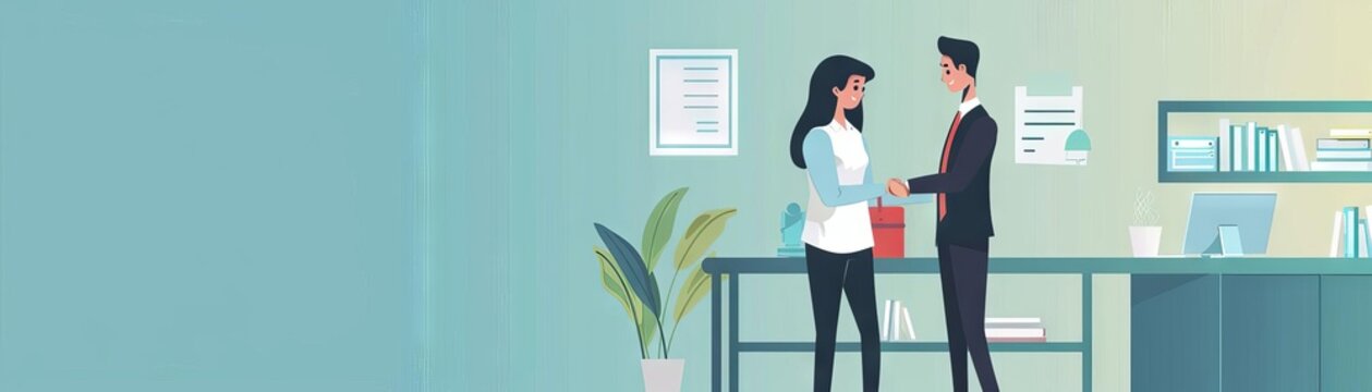 An HR professional shaking hands with a new employee, congratulating them on passing the probation period