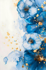  base for invitation or card, blue watercolor flowers with gold splashes on a white background with copy space
