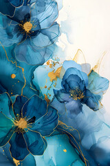  base for invitation or card, blue watercolor flowers with gold splashes on a white background with copy space