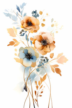 blue flowers and golden leaves on a white background