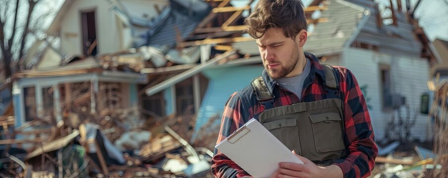 An insurance adjuster inspecting structural damage after a natural disaster, clipboard in hand