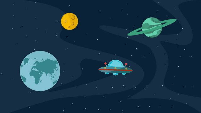 ufo flight at galaxy animation 2d video for astronomy concept , outer space exploration planet motion graphic illustration design