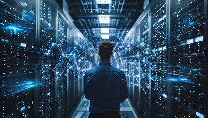 Fototapeta premium An IT professional configuring cloud servers to support remote work and maintain network security