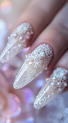 A close up of a woman's nails with white lace Generative AI.