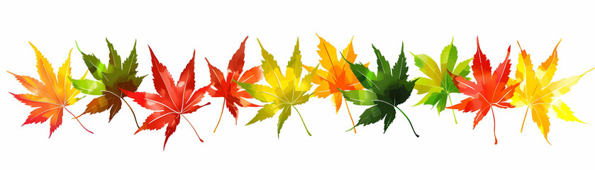 illustration of maple leaves in various colors, including red, orange, yellow, and green, with a yellow flower in the foreground and a white sky in the background
