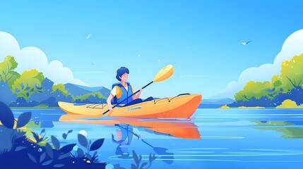 Happy woman enjoying kayaking in tranquil river with lush surroundings