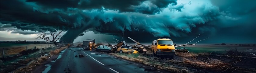 Fototapeta premium Emergency response team in action during a tornado, with high-speed winds and debris, suitable for disaster management themes.