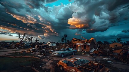 Aftermath of a tornado strike on a small town, focusing on recovery efforts and community resilience