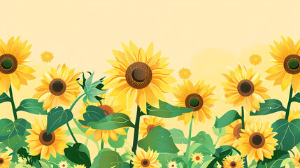 illustration of sunflowers in various stages of blooming, including yellow and orange sunflowers, with a green leaf in the foreground