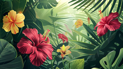 illustration of tropical forest flowers featuring red, yellow, and orange blooms, with green leaves in the foreground