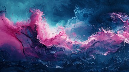 The image is an abstract painting. It has a blue background with pink and purple clouds. The clouds are shaped like waves.