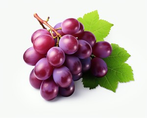 Photo of a bunch of purple grapes with green leaves on a white background.
