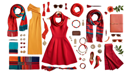 a dress colorful red woman vibrant scarf fashion style trendy elegant outfit accessory beauty confident fashionable chic glamour attractive modern bold clothing colourful elegance foulard