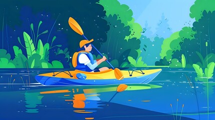 Happy lady kayaking in serene river with lush green banks