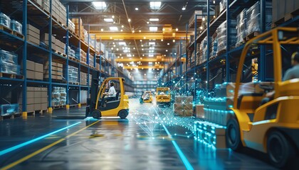 Forklifts in a distribution warehouse swiftly transporting crates while workers manage inventory on digital tablets