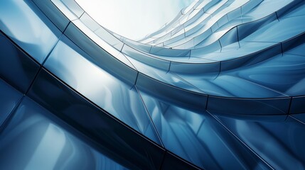 Blueish-white abstract curved architecture with a glowing light in the center.