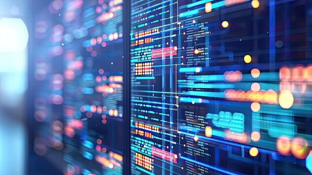 AI driven diagnostics on high speed servers, screens displaying complex algorithms and data flow