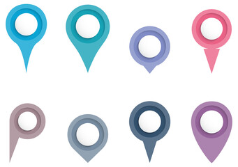Map pins, eight shapes and colors
